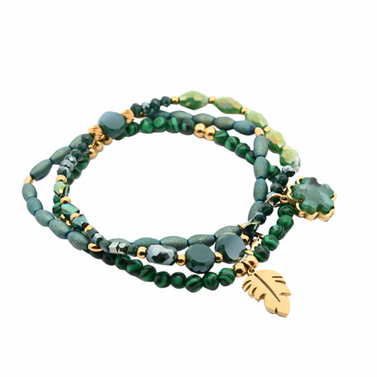 Trīs elastīgu pērlīšu aproču komplekts ar akmens zieda kulonu un lapu E728 